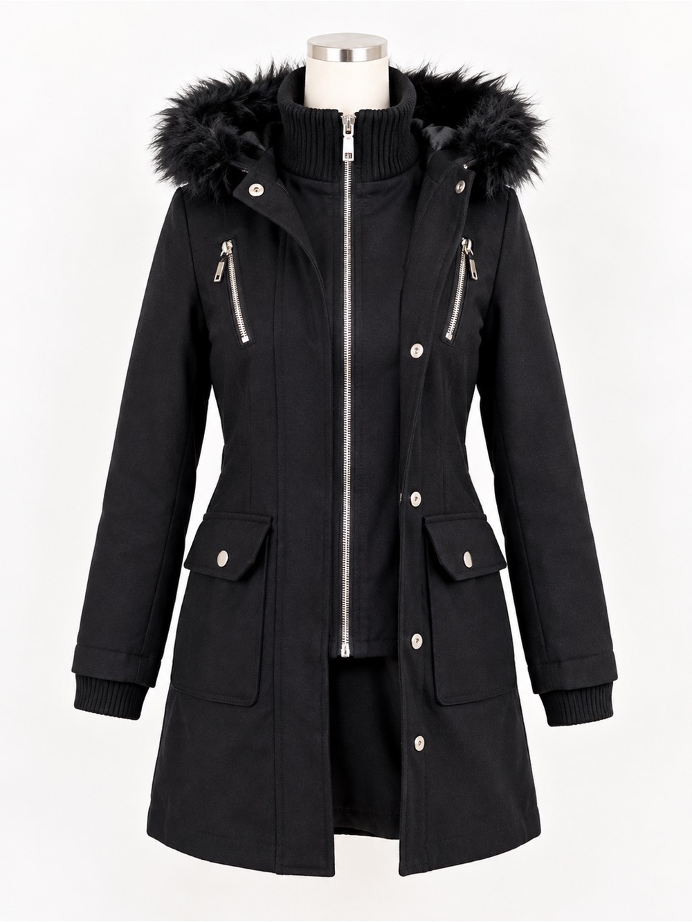 Black Faux Fur Hooded Winter Parka Coat XS S